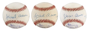 Lot of (3) Hank Aaron and Al Downing Dual Signed Jackie Robinson Anniversary Baseballs